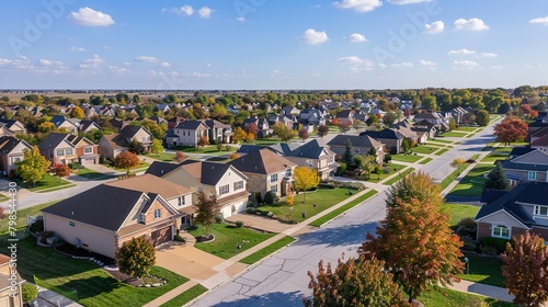 The image shows an aerial view of a suburban neighborhood. There are many houses, each with a yard and a driveway. The houses are mostly made of brick or wood, and they have different colors and style
