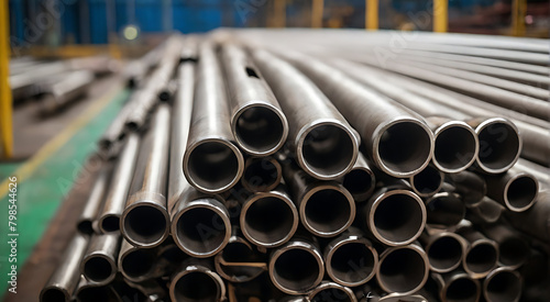 Closeup of Stacks of stainless steel pipes in background , metallurgical industry backdrop concept image, 
