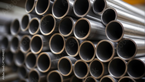 Closeup of Stacks of stainless steel pipes in background , metallurgical industry backdrop concept image, corporate