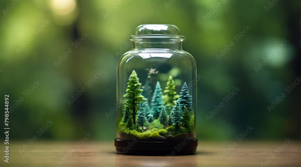 Miniature Nature in a bottle with a view of a forest inside a glass jar on simple background, bokeh blurred, glass Miniature Nature in a bottle with a view of a forest inside a glass jar on simple background, bokeh blurred, glass