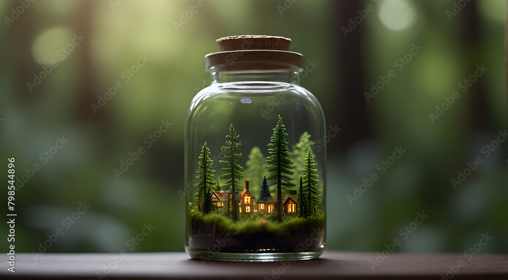 Miniature Nature in a bottle with a view of a forest inside a glass jar on simple background, bokeh blurred, pine Miniature Nature in a bottle with a view of a forest inside a glass jar on simple background, bokeh blurred, pine
