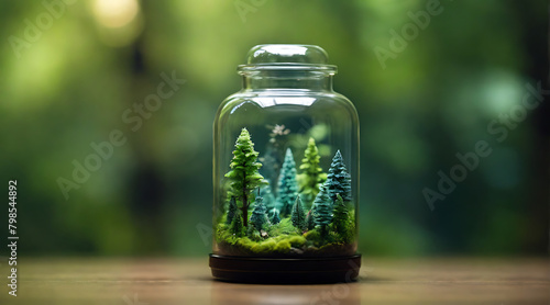Miniature Nature in a bottle with a view of a forest inside a glass jar on simple background, bokeh blurred, glass
