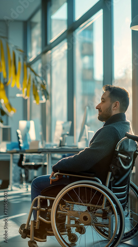 Vertical portrait of a disabled person in a modern high-tech office, visualization of a professional specialist's workplace with ergonomic furniture that promotes both physical and mental well-being