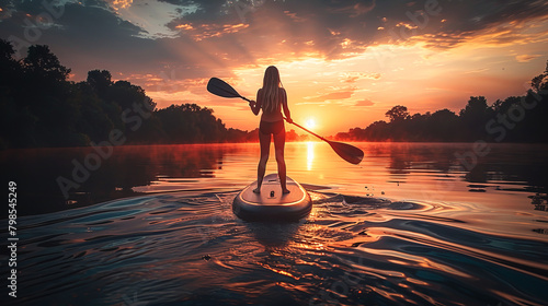 A woman paddling a stand-up paddle board on a calm lake. photo