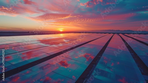 Dramatic Sunset View of Sprawling Solar Farm with Vibrant Sky and Serene Background