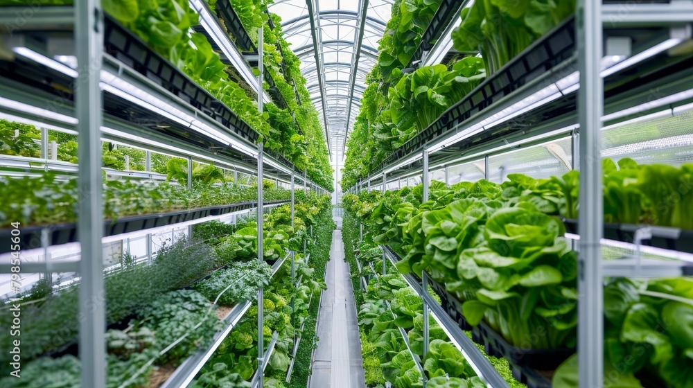Man Inspecting Hydroponic Plants in Greenhouse, Focus on Sustainable Food Systems