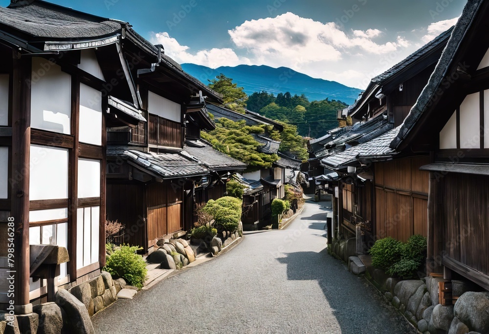 'old Prefecture old JAPAN The old Magome street town travelers walking buildings Nagano'