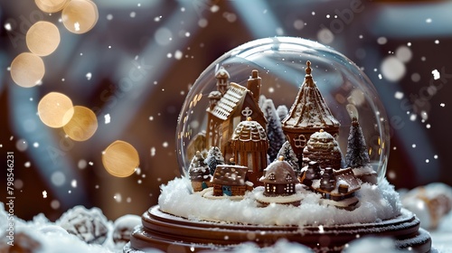 Surrealism of a snow globe containing a miniature winter village in a festive holiday atmosphere