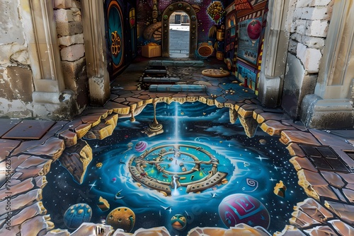 Street art depicting a time travel scene with a portal opening into a cosmic realm on an urban sidewalk