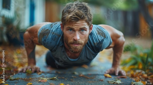 A man doing push-ups in his backyard, incorporating bodyweight exercises into his fitness routine for strength and endurance. photo