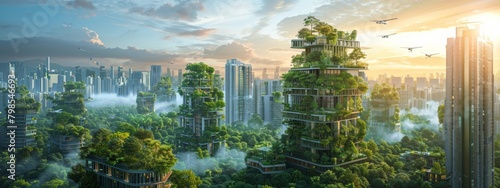 Futuristic Cityscape with Flying Electric Cars and Green Rooftops photo