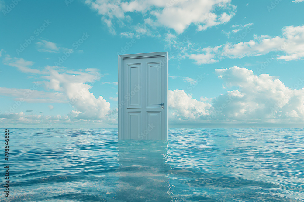 An levitating open white door stand in the middle of an empty Clean Ocean, symbolizing new possibilities An levitating open white door stand in the middle of an empty Clean Ocean, symbolizing new possibilities