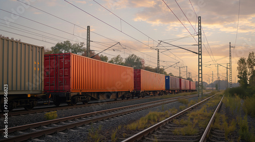 railway logistics, minimalism, hyperrealism, warm tone color scheme,container