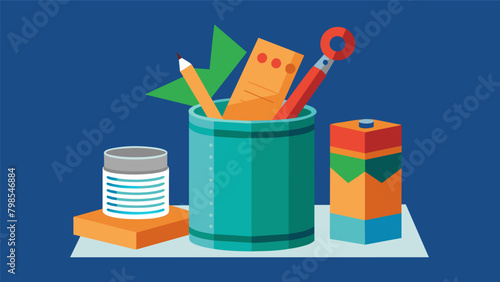 Crafting a desk organizer from empty tin cans and wrapping paper scraps.