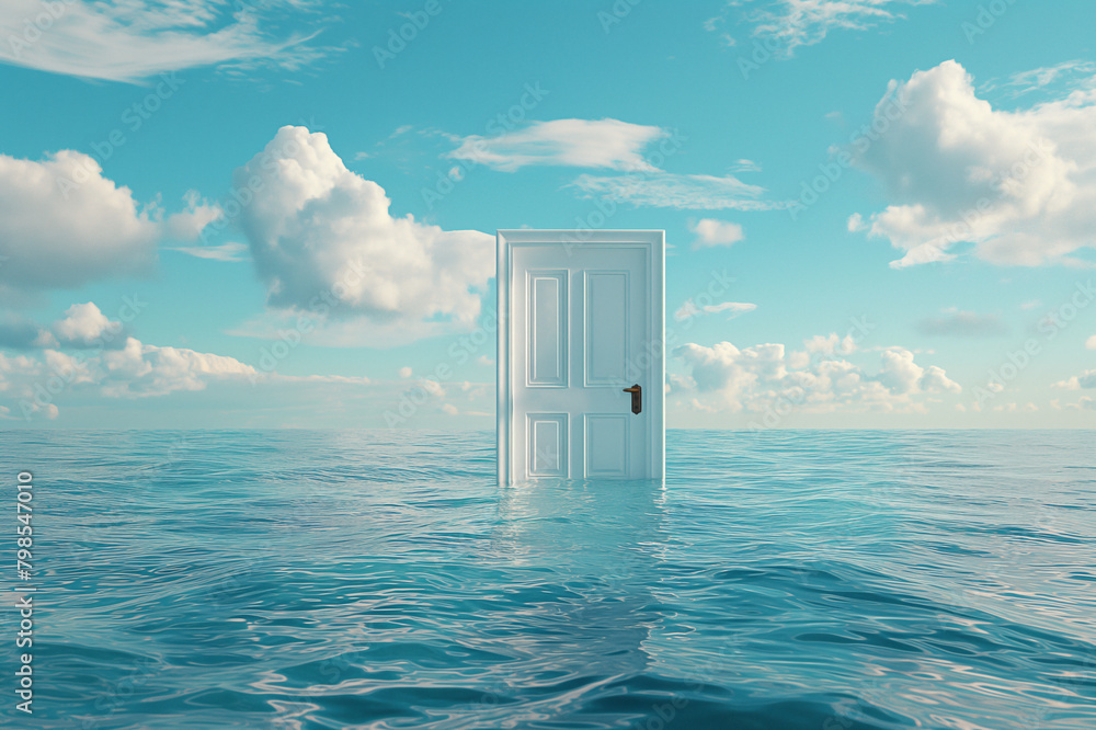 An levitating open white door stand in the middle of an empty Clean Ocean, symbolizing new possibilities An levitating open white door stand in the middle of an empty Clean Ocean, symbolizing new possibilities