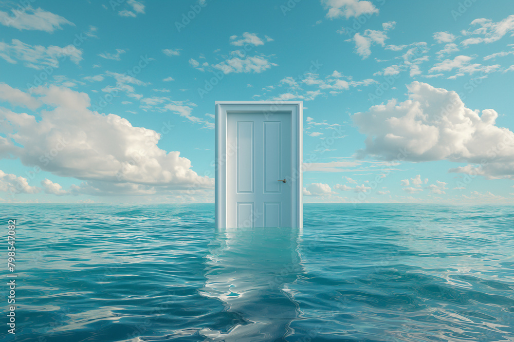 An levitating open white door stand in the middle of an empty Clean Ocean, symbolizing new possibilities An levitating open white door stand in the middle of an empty Clean Ocean, symbolizing new possibilities