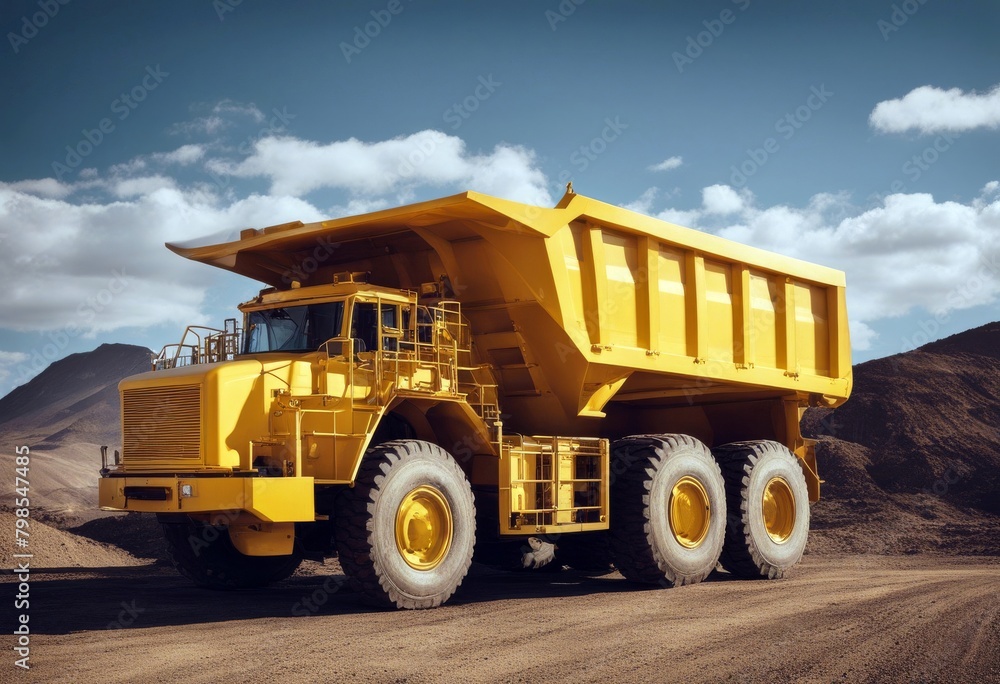 Obraz premium 'mining yellow truck dump mine industry heavy machine coal equipment transportation iron ore big machinery industrial work vehicle transport huge construction quarry car earth'