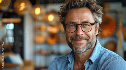 Portrait of happy bearded successful man in casual clothes and stylish glasses smiling friendly, looking at camera indoors in blurred office