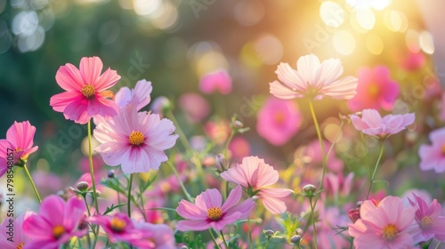 Blooming beautiful pink cosmos flower in the garden