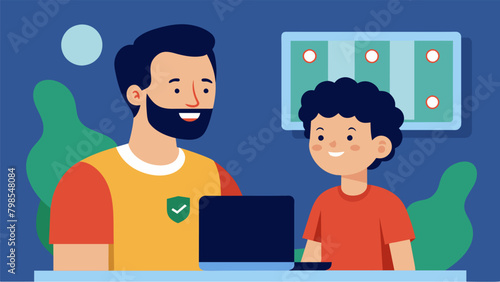 A father and son discussing their shared love for a particular sports team while watching a live game over a virtual video call.. Vector illustration