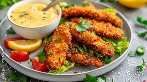 Crispy Plant Based Chicken Tenders with Vegan Honey Mustard Dipping Sauce on Rustic Wooden Plate