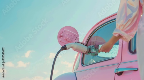 The pastel picture of the person holding the charger to charging the electric vehicle or ev car, the chargeable car is the new technology in renewable green energy that friendly to the world. AIG43. photo