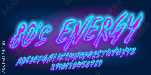 80s Energy alphabet font. Neon color letters and numbers. Stock vector typescript for your design.