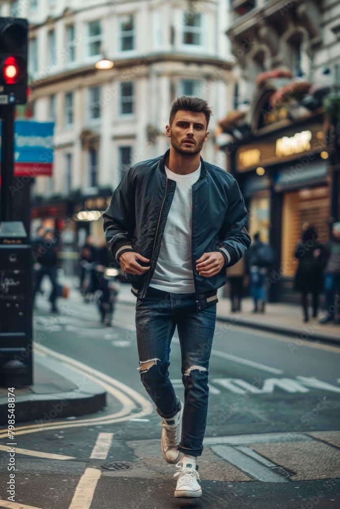 Stylish Man Walking Confidently in Urban Street. Generative ai Stylish Man Walking Confidently in Urban Street. Generative ai
