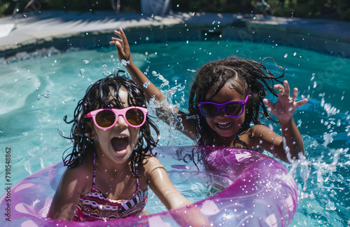 two girls playing in the swimming pool wearing pink sunglasses