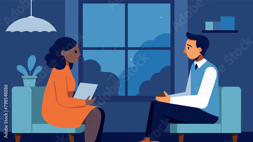 A the and their patient sit by the window discussing their deepest fears and insecurities while the rain acts as a soothing backdrop.. Vector illustration