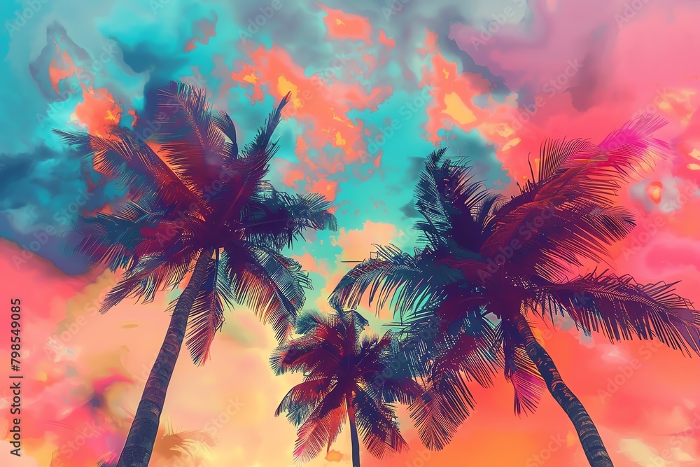 Craft a striking digital illustration of three towering palm trees seen from a worms-eye view