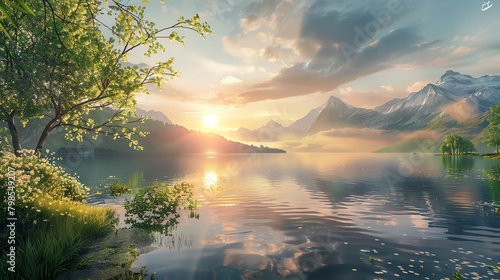 Bring to life a digital CG 3D rendition of a rear view morning mountain landscape Highlight intricate details like sunlight peeking over the horizon