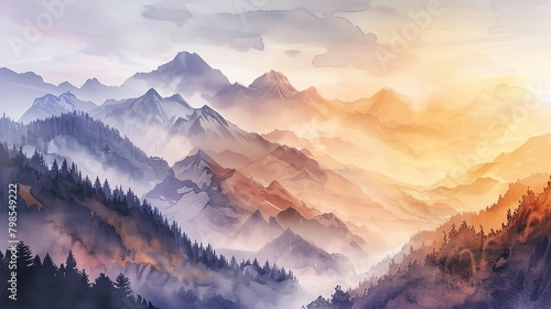 Capture the serenity of a morning mountain view in a traditional watercolor style Show delicate gradients of dawn breaking over rugged peaks photo