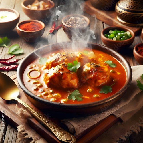 A delicious-looking butter chicken on a wooden table, steaming hot, with naan bread on the side 