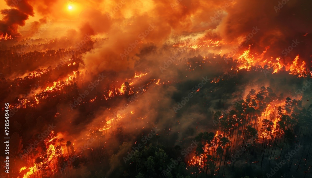 A large forest fire burns through the trees. The flames are orange and yellow, and the smoke is black. The fire is spreading quickly, and the trees are being destroyed.