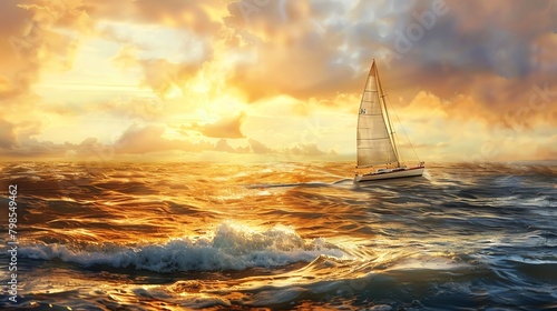 Capture the serene beauty of a lone sailboat gracefully gliding across the tranquil