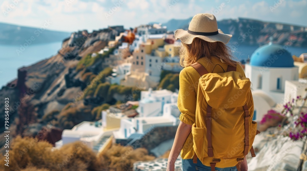 Active woman hiking around Oia, rugged terrain, village and sea vistas, dynamic shot. Santorini, Greece, during her summer travel