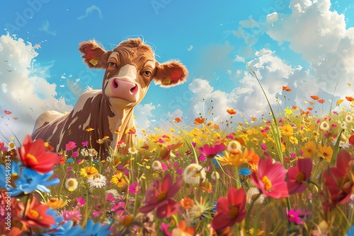 Illustrate a whimsical, wide-angle vista showcasing a lovable, cartoonish cow surrounded by vibrant wildflowers in a digital painting with a charming and playful touch