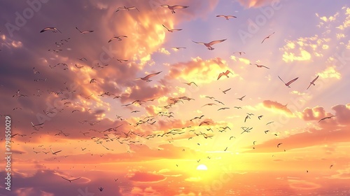 Capture a sweeping, wide-angle view of a majestic flock of birds soaring across a radiant sunset sky Ensure each feather is delicately rendered in stunning realism photo