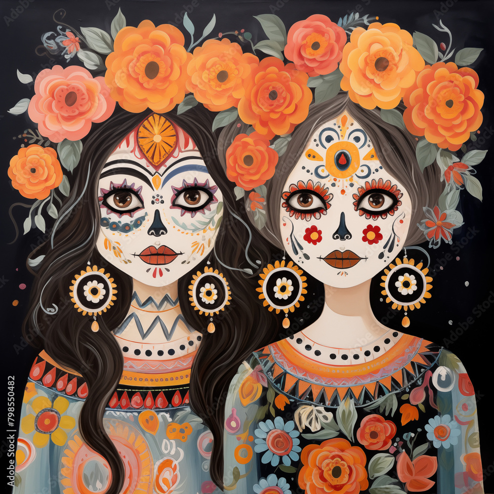 Boho chic Days Of The Dead Portraits in hand painted acrylic gouache, intricate, folk art. AI generated