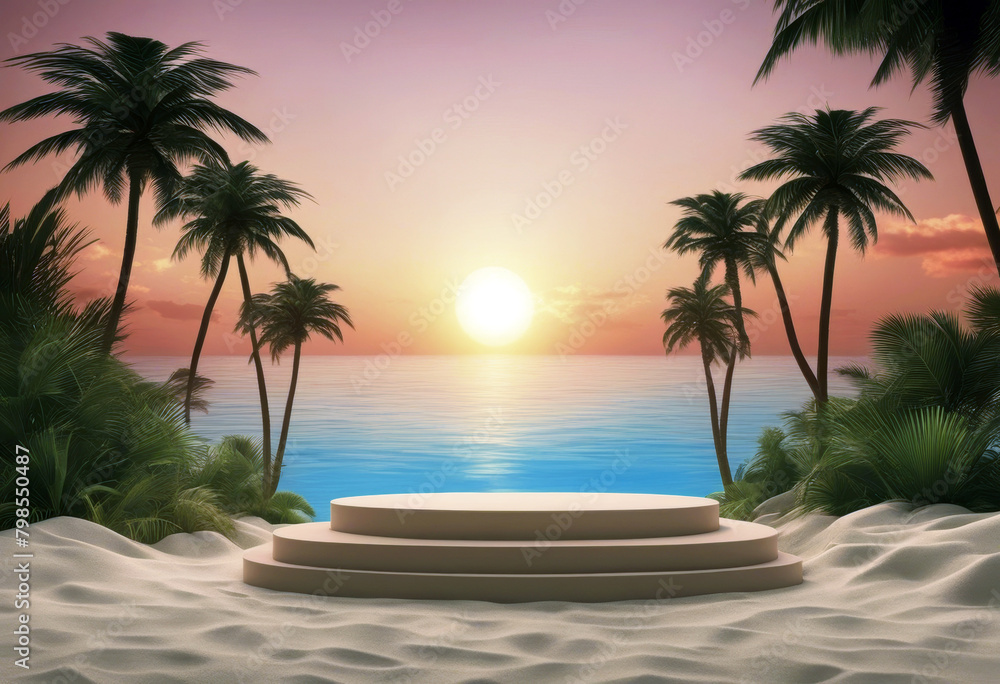 Fototapeta premium 'beach tree podium Tropical background summer concept space sunset product 3D abstract copy splay presentation vacation palm poduim three-dimensional advertising business coast'