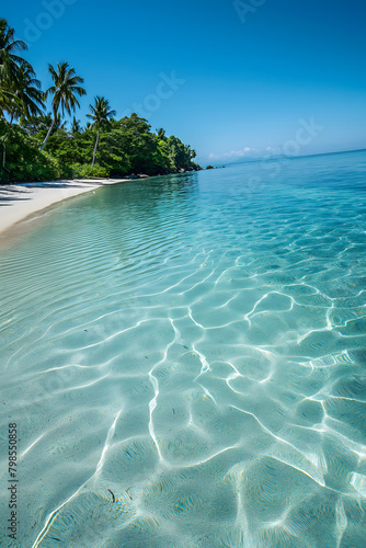 Tropical paradise  crystal-clear waters by the serene beachside