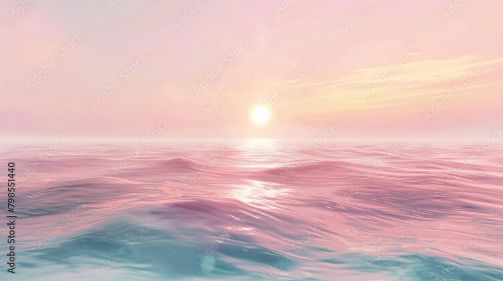 Fototapeta premium Pink-hued ocean sunset: Calm waters, ideal for themes of nature and tranquility.