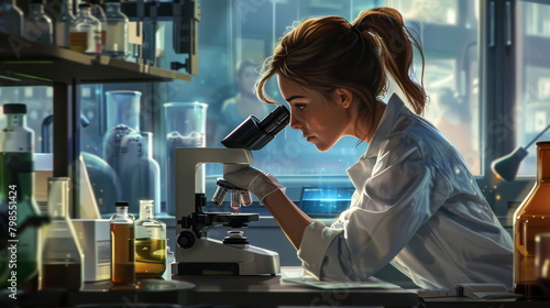 A dynamic laboratory scene capturing a dedicated researcher in the midst of analysis, her attention fixed on the eyepiece of the microscope, symbolizing innovation and discovery in science.  