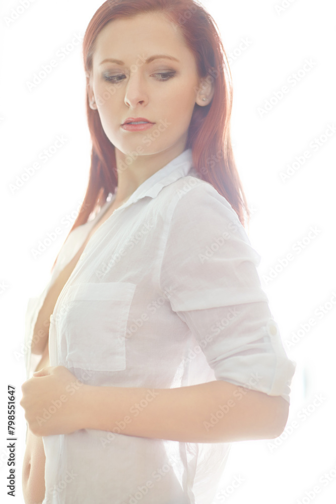 Woman, thinking and sexy or seductive with shirt for temptation, flirty and sensual in bedroom with confidence. Girl, unbutton and home for desire or sensuality, alluring and hot with cleavage. Woman, thinking and sexy or seductive with shirt for temptation, flirty and sensual in bedroom with confidence. Girl, unbutton and home for desire or sensuality, alluring and hot with cleavage.