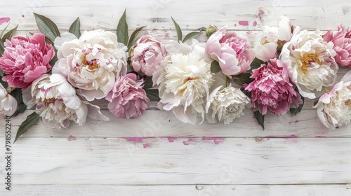A stunning floral banner featuring a delightful arrangement of pink and white peonies set against a crisp white wooden backdrop embracing themes perfect for birthdays Valentine s Day Mother © 2rogan
