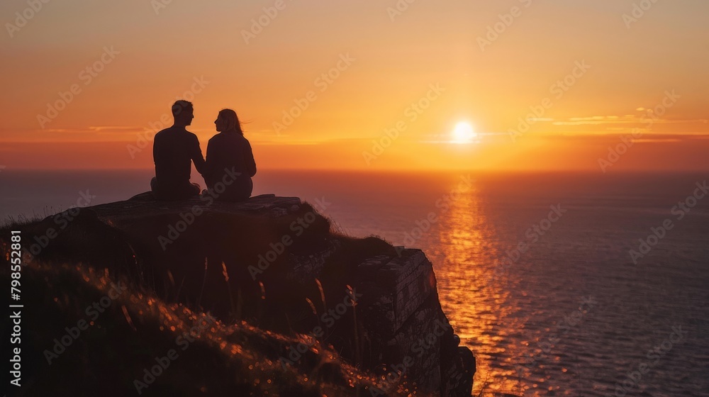 A couple enjoying a quiet moment watching the sunset from a cliff