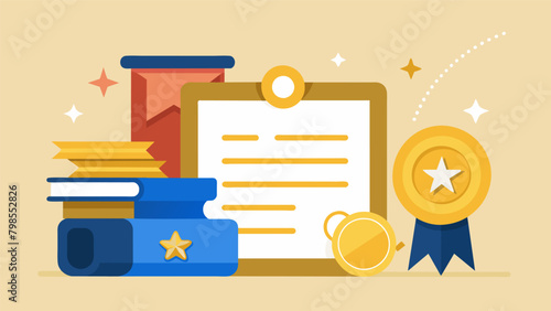 A shining golden diploma sits next to a Juneteenth Grant award representing the hard work and dedication of a student who has overcome obstacles to. Vector illustration