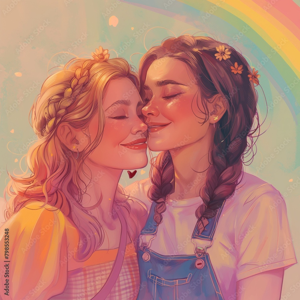 Un par de lindas chicas enamoradas, debajo de un hermoso arcoíris - obrazy, fototapety, plakaty 
