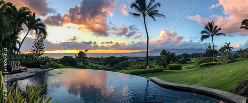 A panoramic view of the pool and golf course from an elegant islandstyle home in Hawaii  with lush greenery and palm trees under a clear blue sky at sunset.